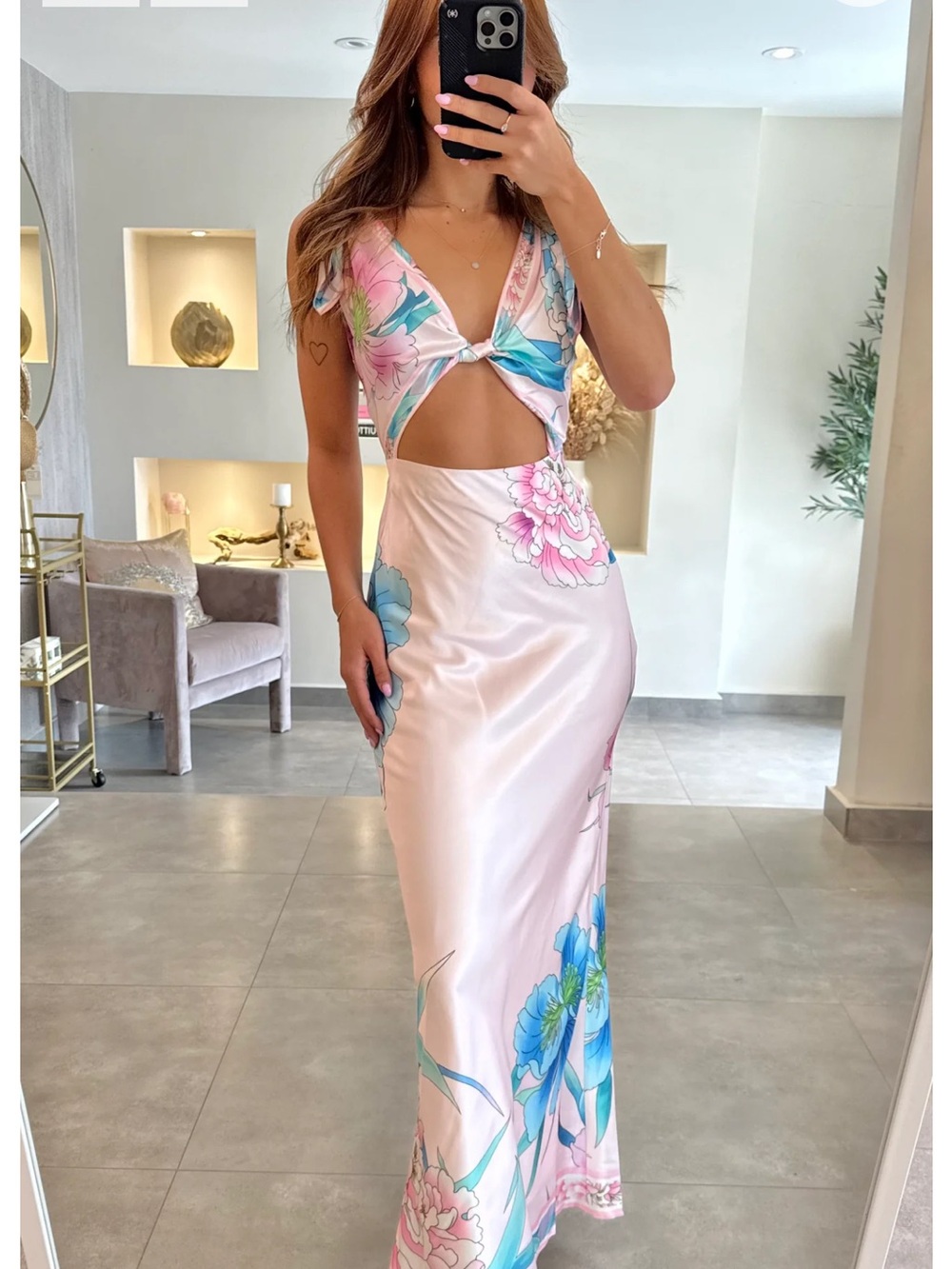 Blush Pink Floral Cutout Satin Maxi Dress